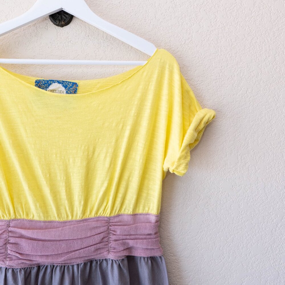 Chelsea & Violet Floral Dress L Yellow Gray Colorblock Boho Short Sleeve - Picture 4 of 12